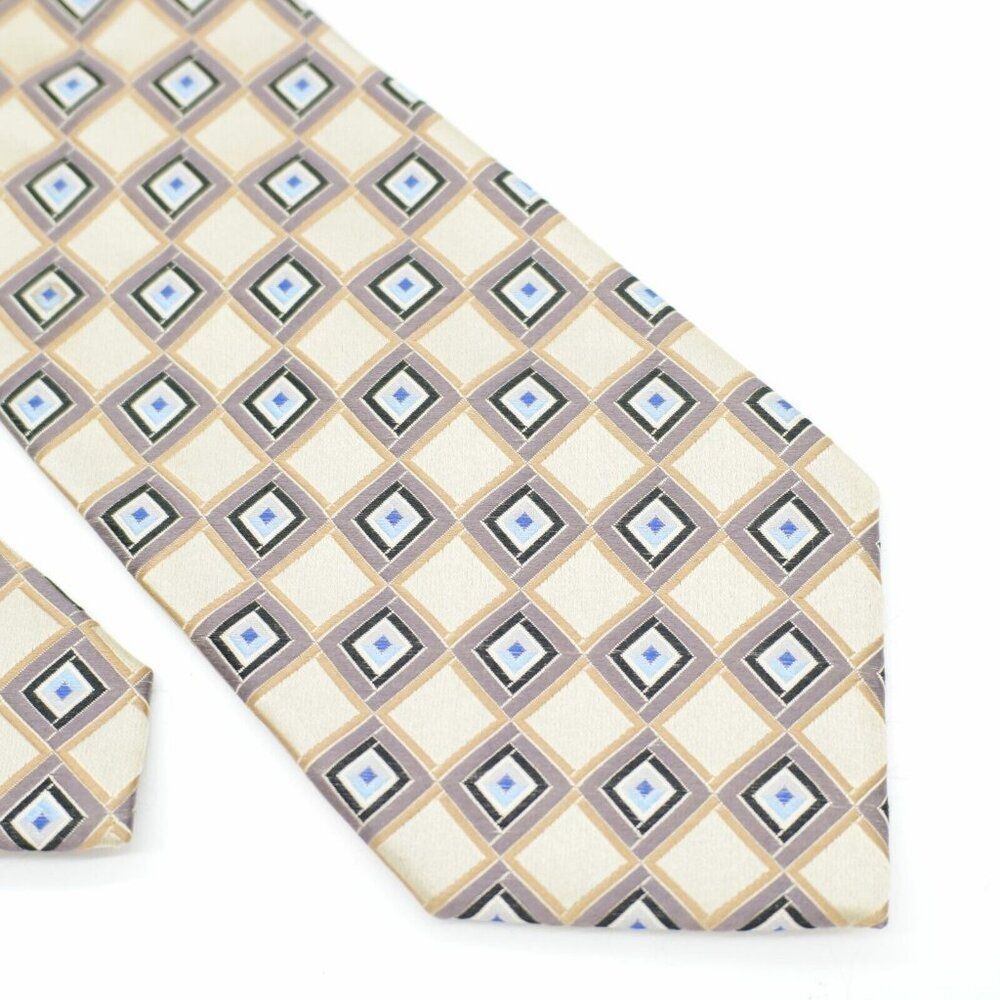 Martin Wong Insignia Woven Geometric‎ Tan Gold Gray Blue Wide Silk Tie